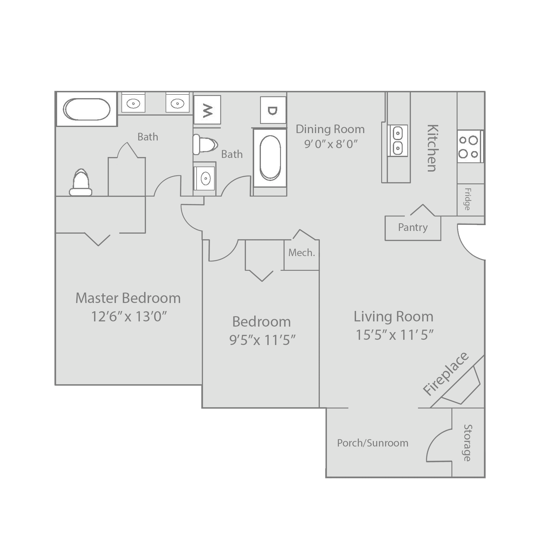 Floor plan for 2 beds, 2 baths, 1237 sqft